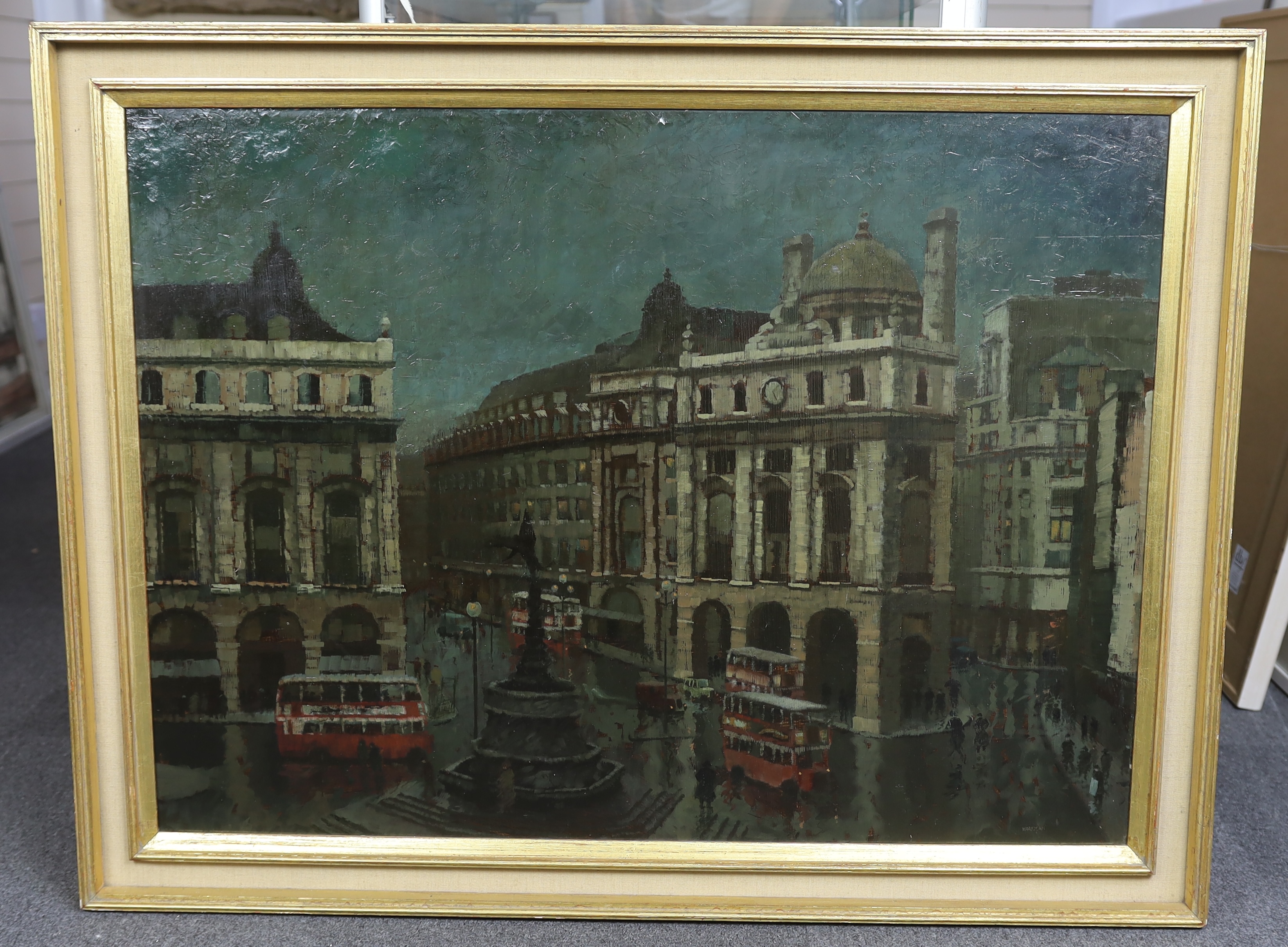 Harold Workman (English, 1897-1975), 'Nocturnal view of Piccadilly Circus', oil on board, 72 x 99cm